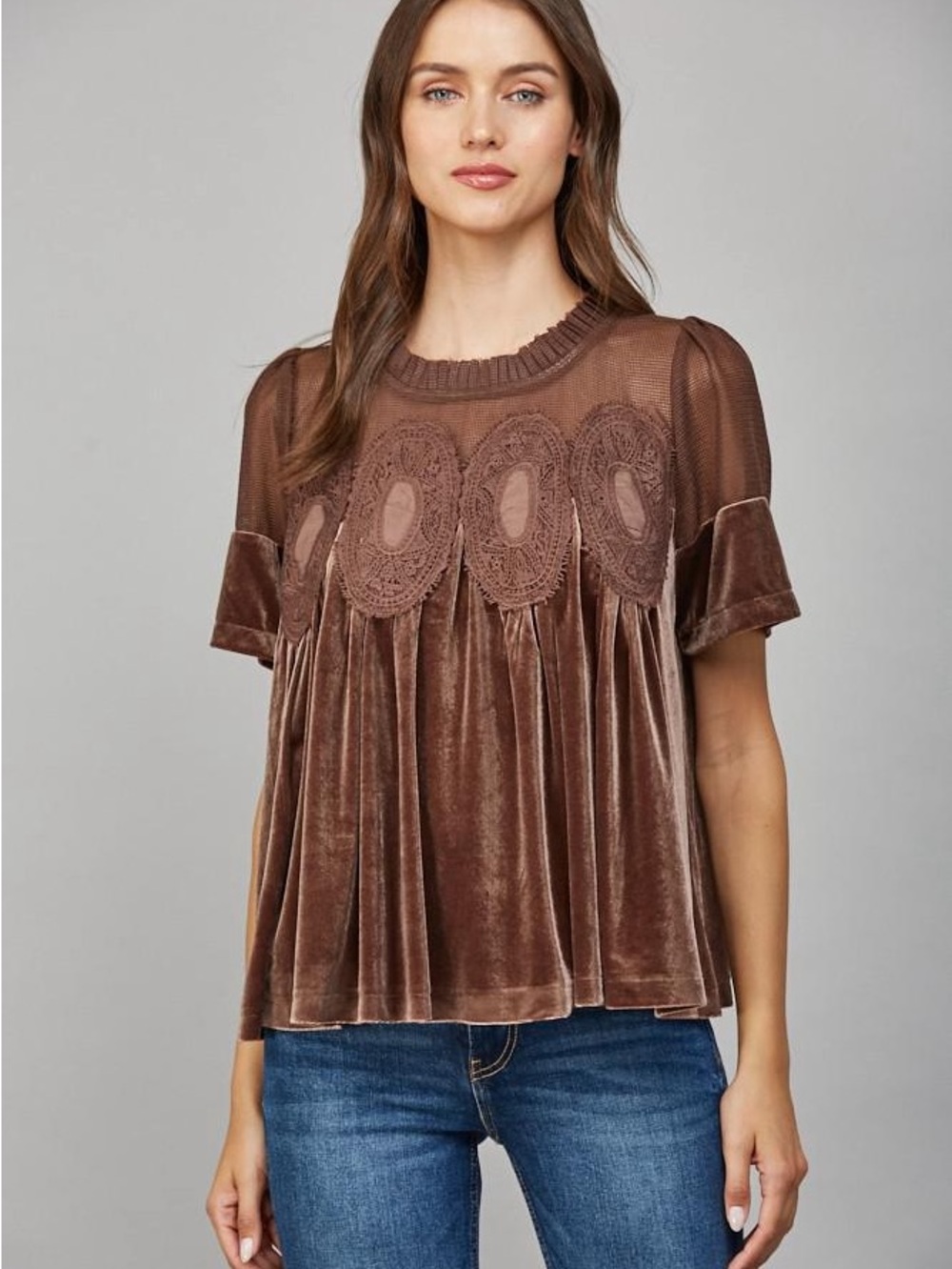 Fate Short Sleeve  Lace Detail Babydoll Velvet  Boho Top  Size Small